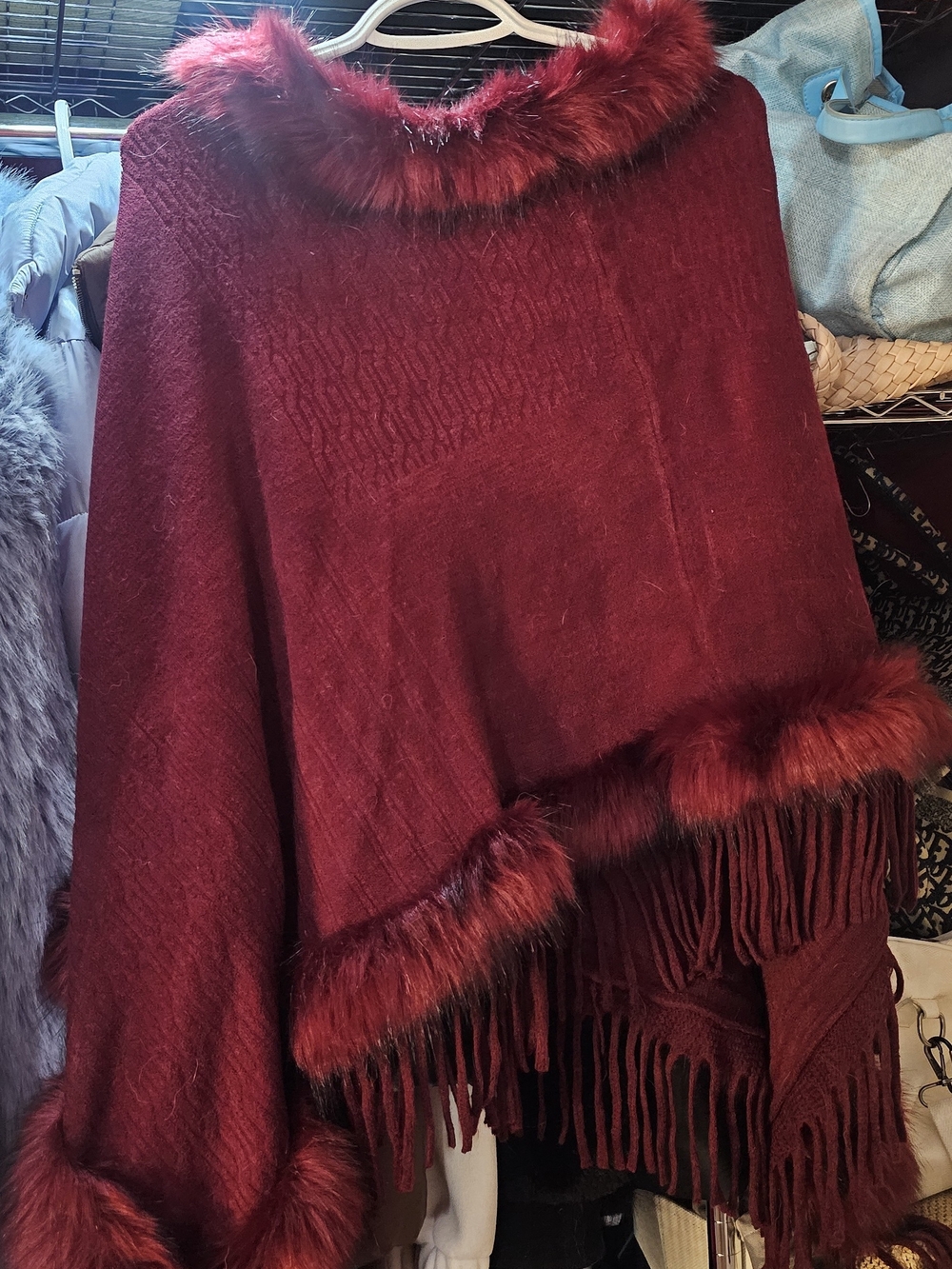 Women's Burgundy Faux-Fur Trim Poncho Sweater - ,